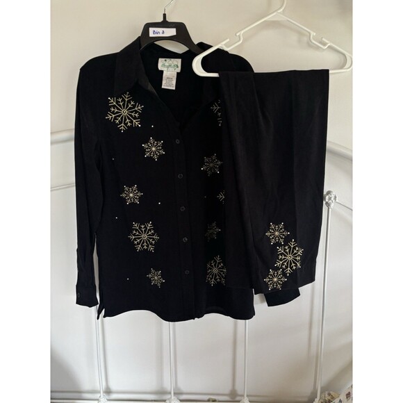 Quaker Factory Black Suit Set Jacket Gold Snowflakes Black Pants Medium - Picture 1 of 9